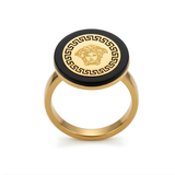 18K Gold Filled Medusa Head Ring – Black Enamel Greek Key Medallion Ring