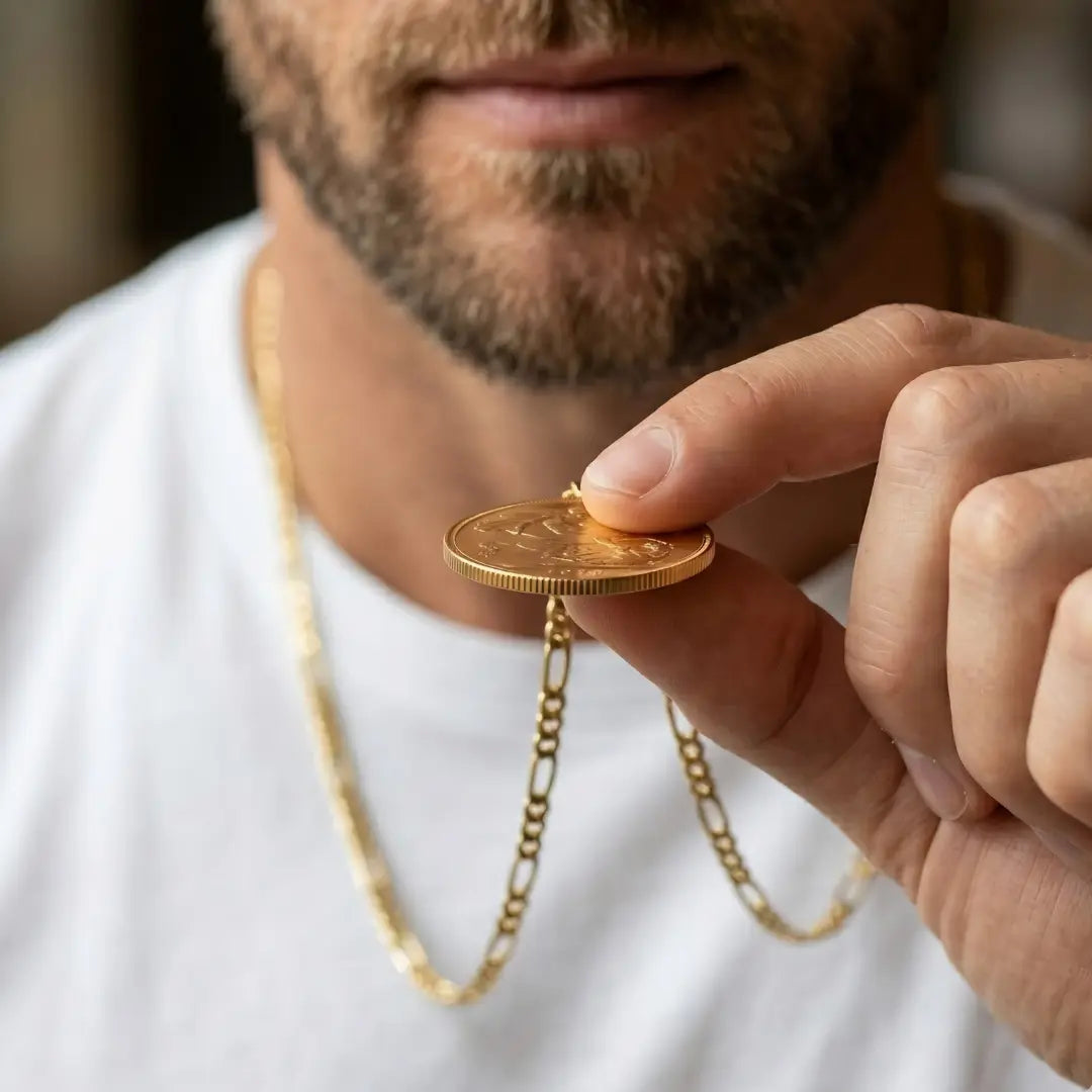 18K Gold Filled 1918 Sovereign Coin Pendant Necklace (60cm Figaro Chain) – Tarnish-Proof Luxury Statement Jewelry
