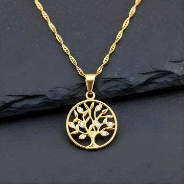18K Gold Filled Tree of Life CZ Pendant Necklace – Sparkling Money Tree Medallion Necklace