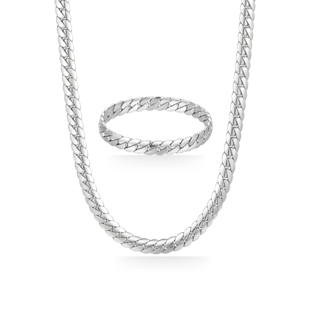 Silver Classic Cuban Link Chain & Bracelet Jewelry Set – Flat-Bevel Silver Curb Chain Matching Set for Men & Women