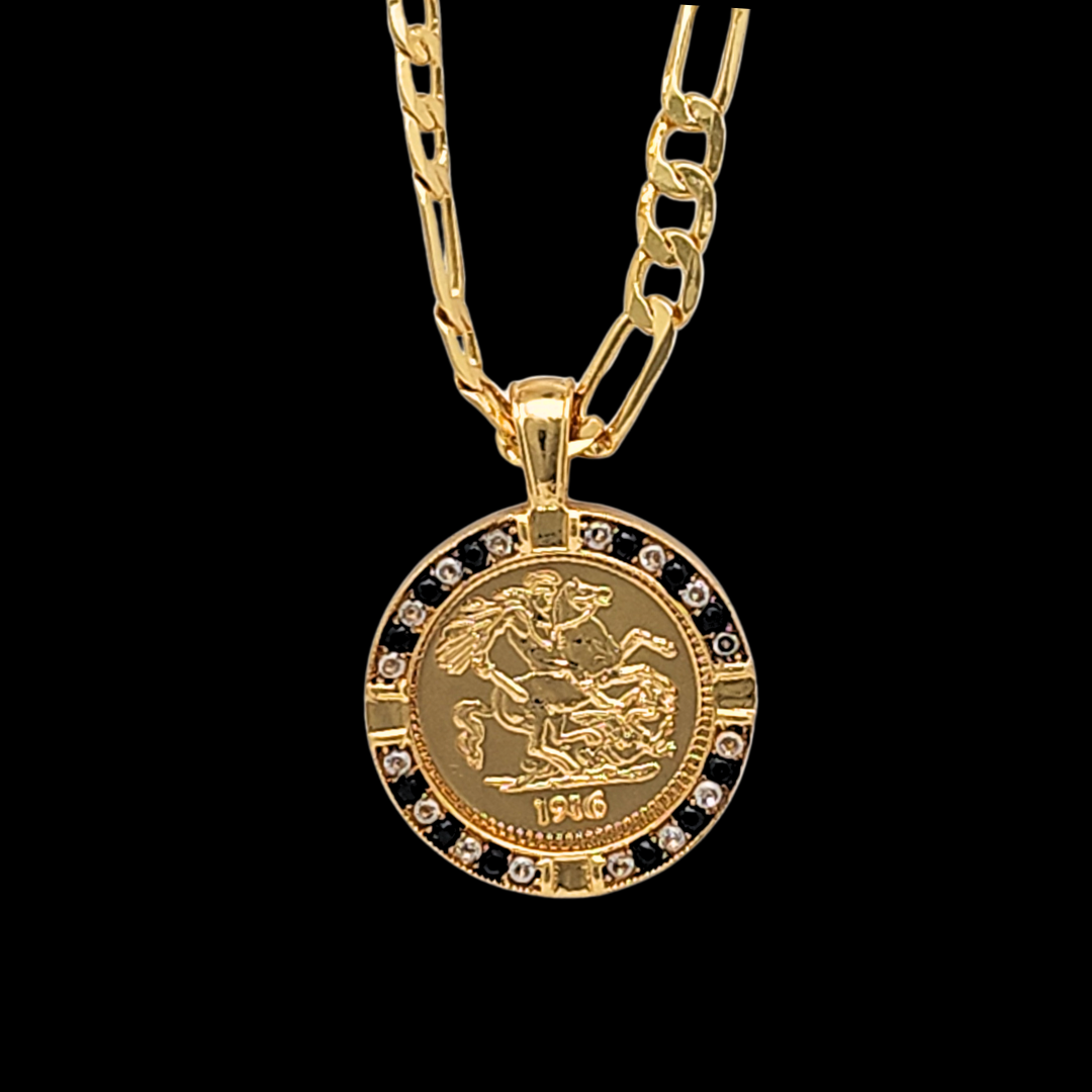 Gold Filled Tarnish Proof Sovereign Pendant with Black Stones & CZ
