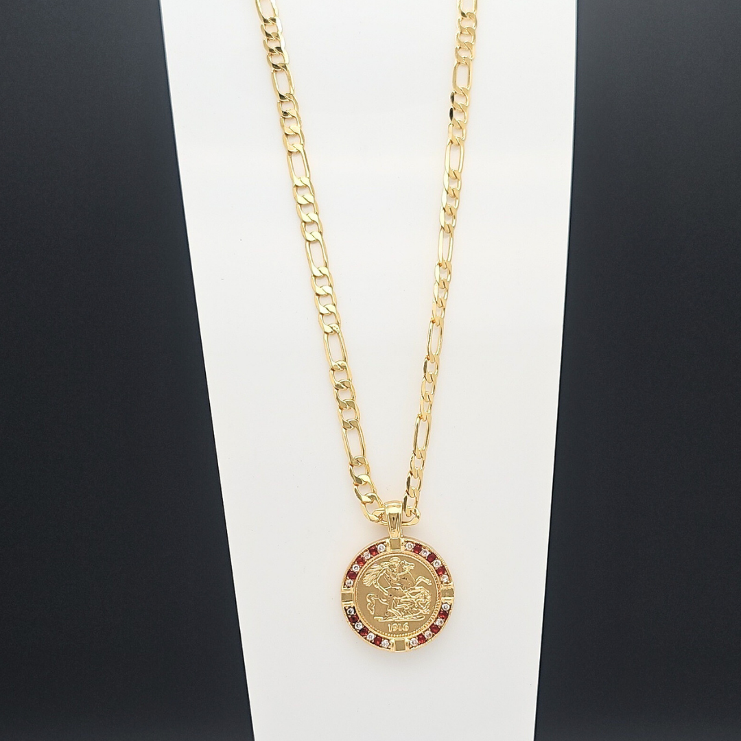 Gold Filled Customized  Tarnish Proof Full Sovereign Pendant Necklace With Ruby & CZ