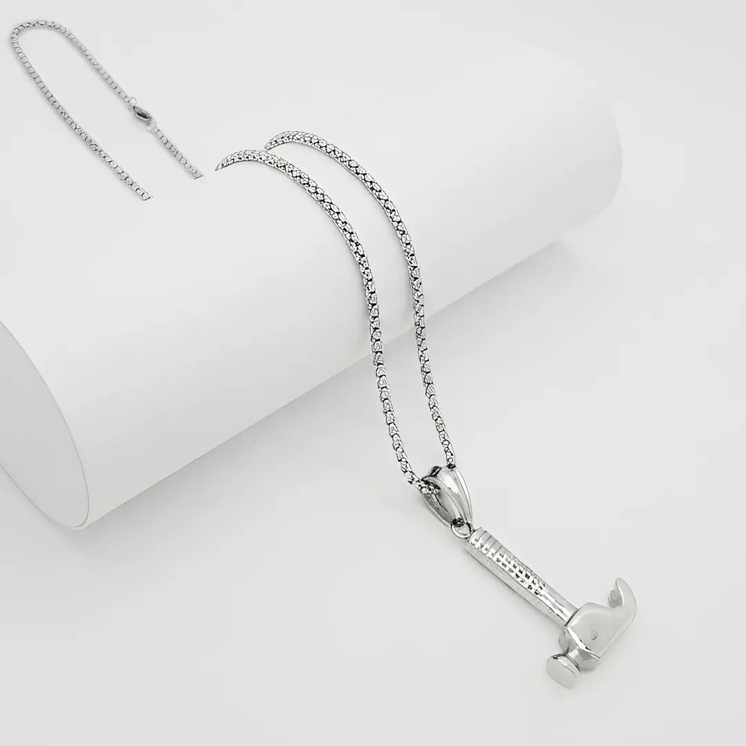 Claw Hammer Pendant Necklace with Silver Box Chain (58cm) – Rugged Industrial Statement Jewelry
