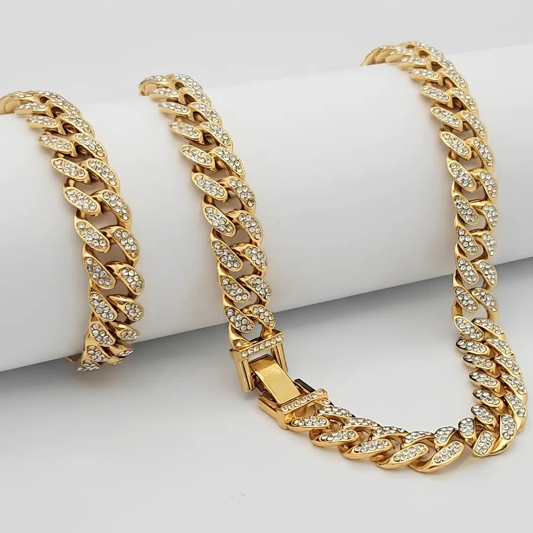 18K Gold Filled Iced-Out Cuban Link Chain Necklace & Bracelet Set (12mm) – Pavé Diamond-Style Luxury Jewelry
