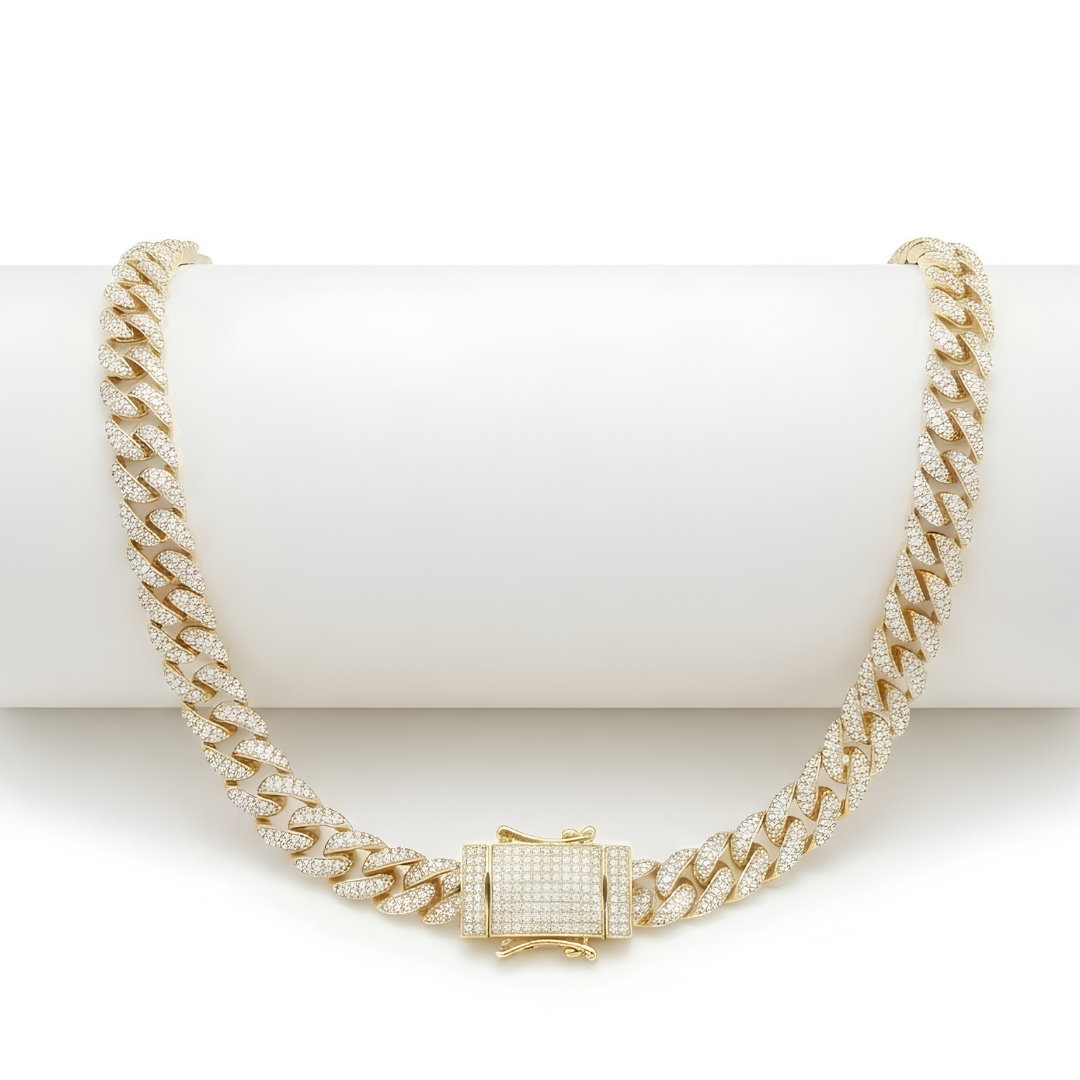 18K Gold Filled Iced-Out Cuban Link Chain Necklace (12mm x 45cm) – Pavé Diamond-Style Luxury Jewelry