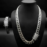 Silver Iced-Out Cuban Link Chain & Bracelet Set (12mm x 40cm Necklace) – Pavé Diamond-Style Luxury Jewelry