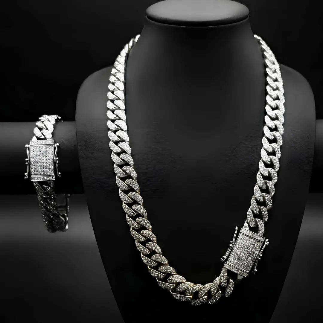 Silver Iced-Out Cuban Link Chain & Bracelet Set (12mm x 40cm Necklace) – Pavé Diamond-Style Luxury Jewelry