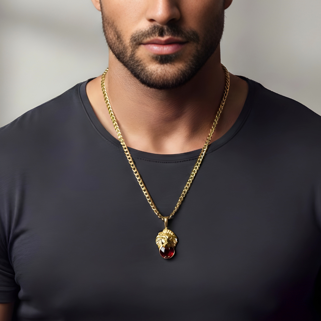 18K Gold Filled Lion Head Ruby Gemstone Pendant Necklace – Sculpted 3D Lion Holding Oval Ruby CZ Curb Chain Necklace for Men & Women
