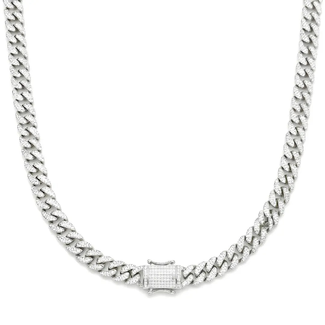 Silver Iced-Out Cuban Link Chain Necklace (12mm x 60cm) – Pavé Diamond-Style Luxury Jewelry