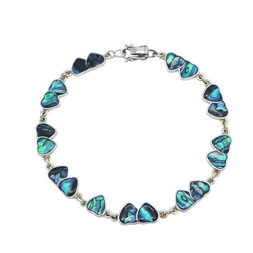 Silver Twin Heart Paua Shell Bracelet.Silver Twin Heart Paua Abalone Shell Station Bracelet – Iridescent Double Heart Link Bracelet