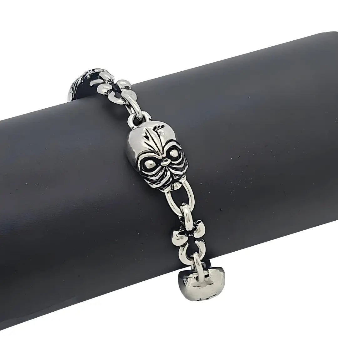 Silver Stainless Steel Tribal Skull Link Bracelet (22cm) – Tarnish-Resistant Gothic Statement Wristwear with Toggle Clasp