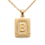 18K Gold Filled Initial Alphabet Pendant Necklace (A to Z) – Sunburst Rectangular Dog Tag Letter Necklace for Women