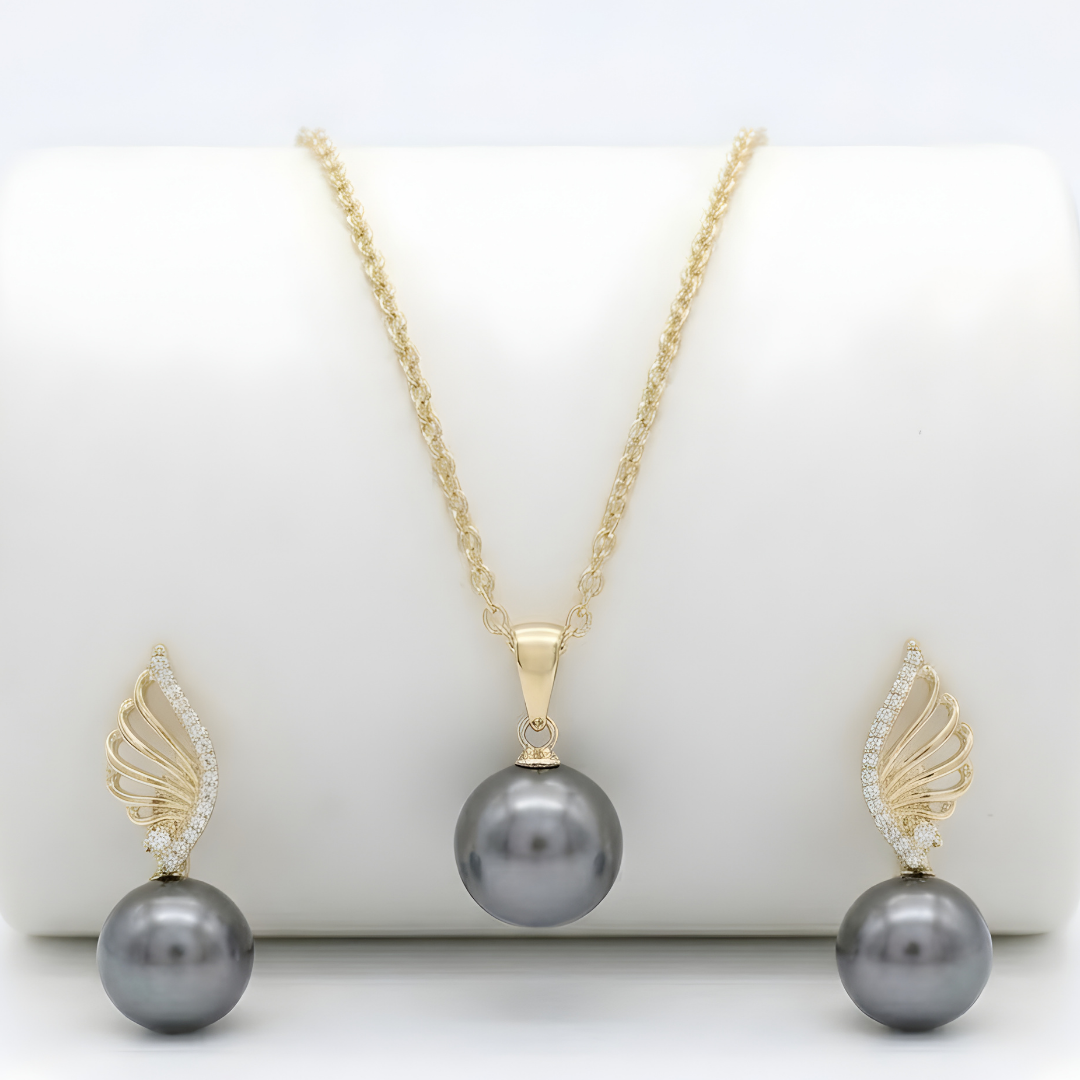 18K Gold Filled Hawaiian Pearl Necklace with Diamond Huggee Earrings