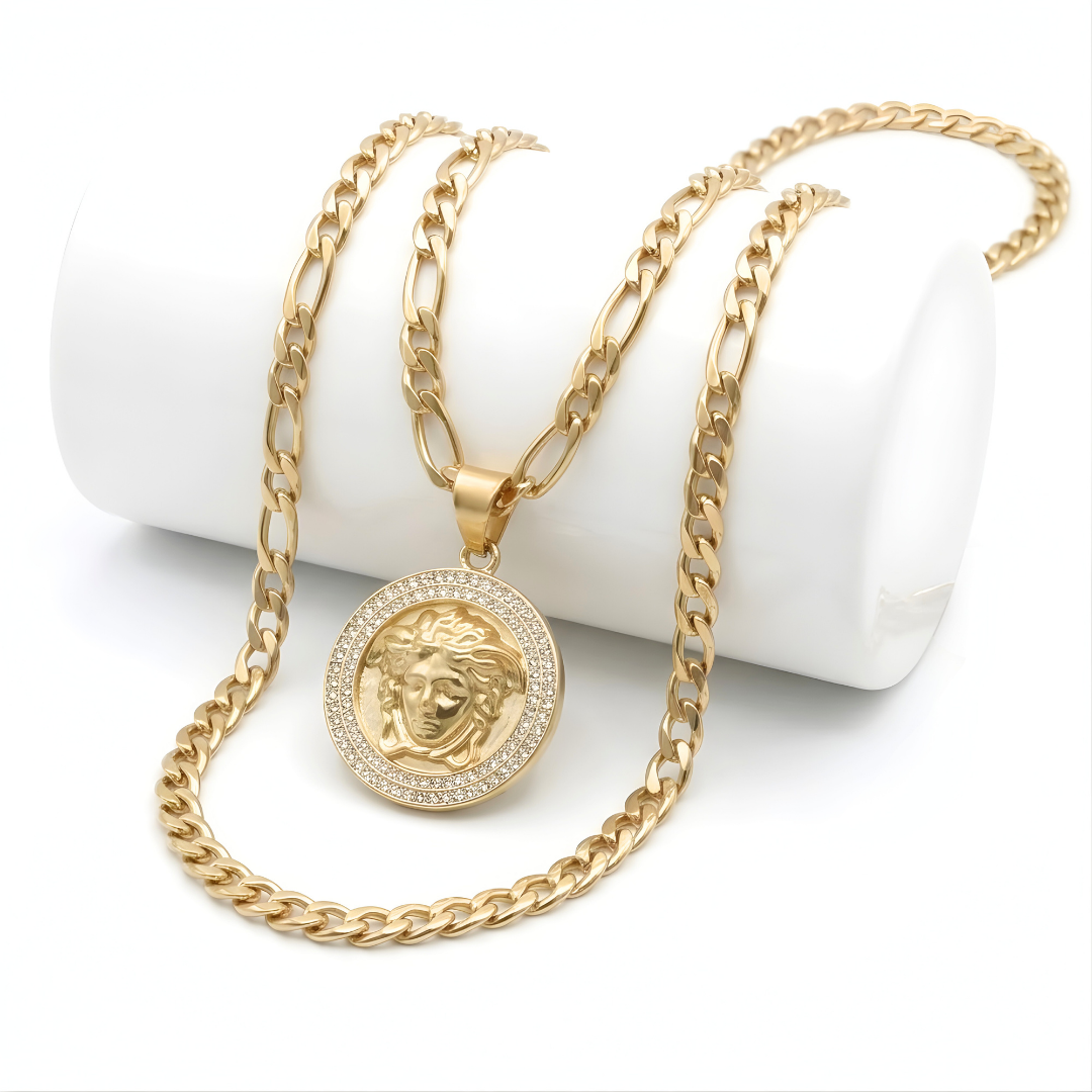 18K Gold Filled Greek Medusa Head Pendant Necklace with CZ Diamonds – Figaro Chain Medallion