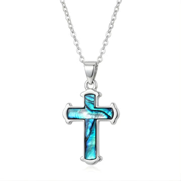 Silver Paua Abalone Shell Cross Pendant Necklace – Iridescent Religious Cross Charm