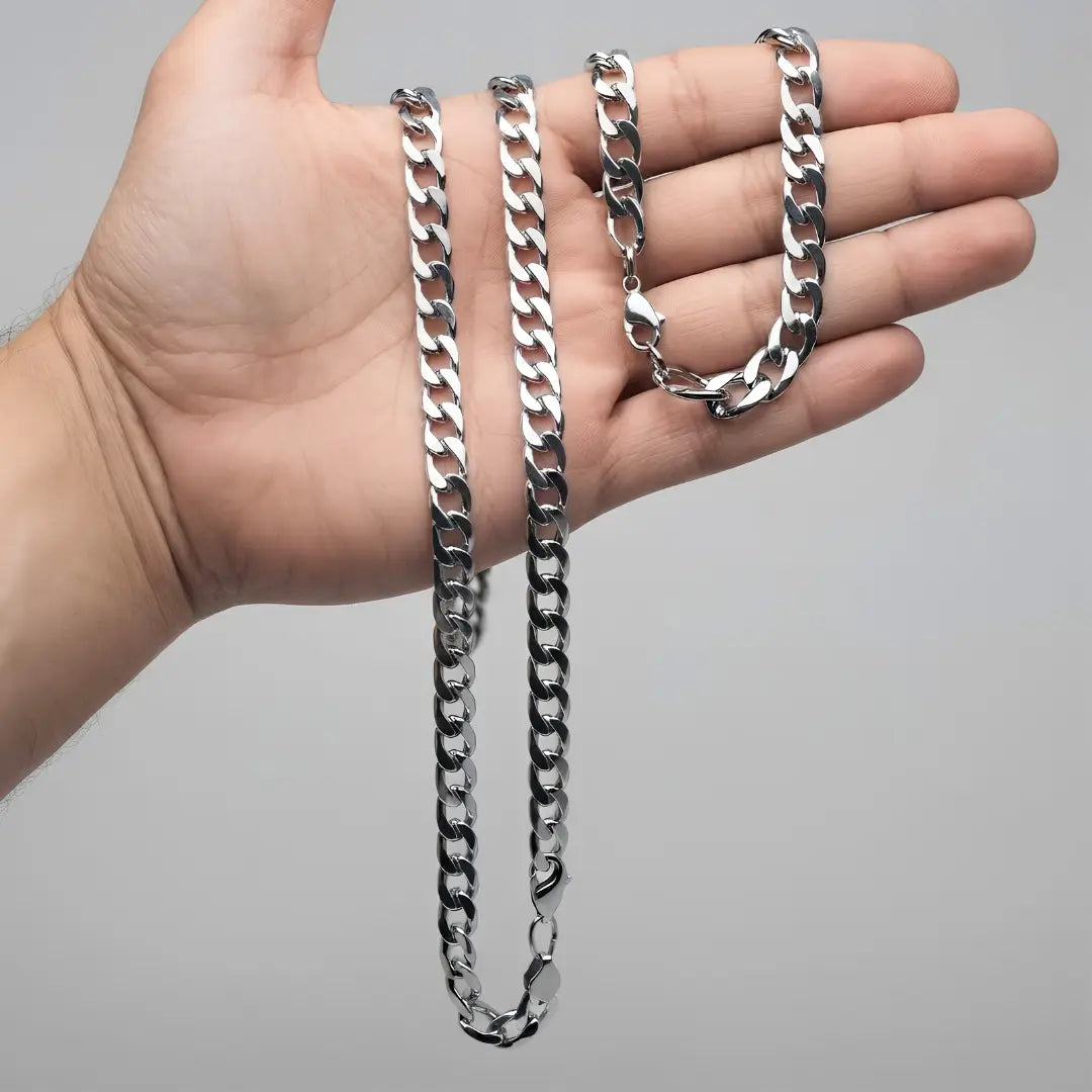 Silver Flat Cuban Link Chain & Bracelet Set (8mm x 60cm) – Tarnish-Resistant Modern Statement Jewelry
