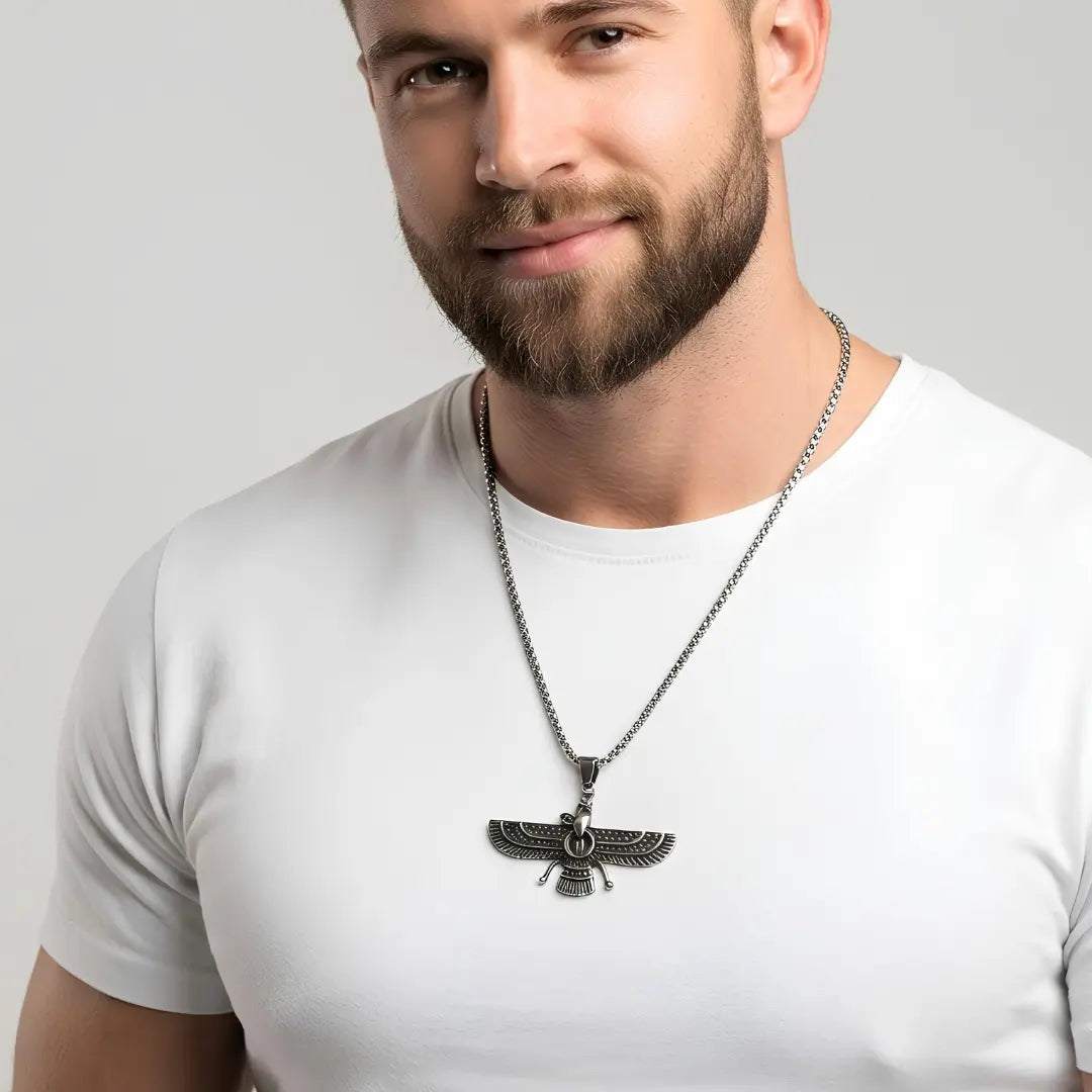 Faravahar Pendant Necklace – Oxidized Stainless Steel (50cm) – Ancient Persian Heritage Statement Jewelry