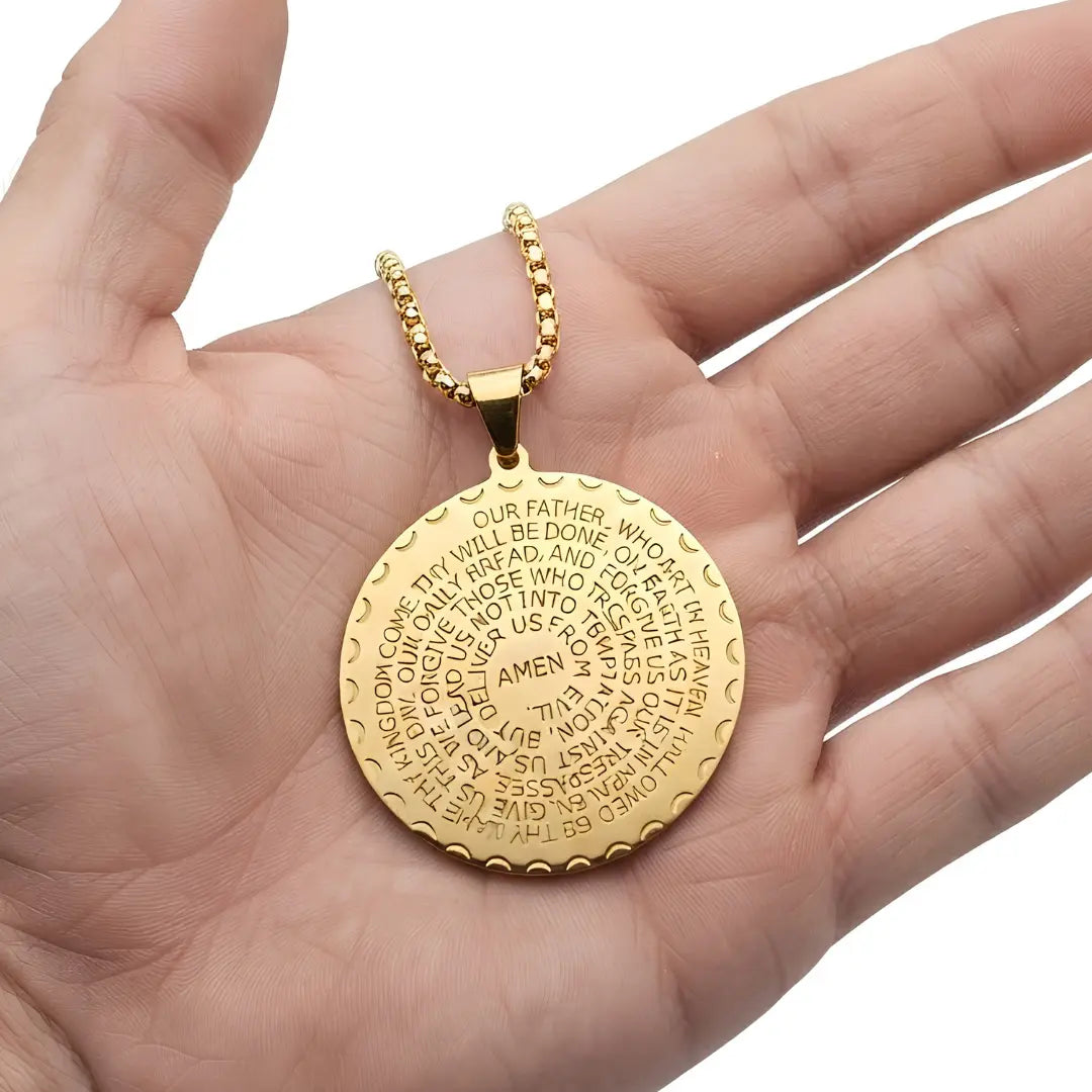 Serenity Prayer & Praying Hands Medallion Necklace (Black, Gold & Silver Tone) – 52cm Belcher Chain