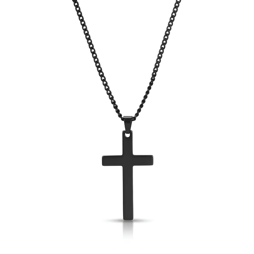 Stainless Steel Cross Pendant Necklace with Curb Chain – Tarnish-Proof Unisex Religious Jewelry in Silver & Black