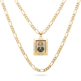 18K Gold Filled Holy Virgin Mary Rectangular Icon Pendant Necklace – Colored Enamel CZ Religious Medallion Figaro Chain Necklace for Women & Men