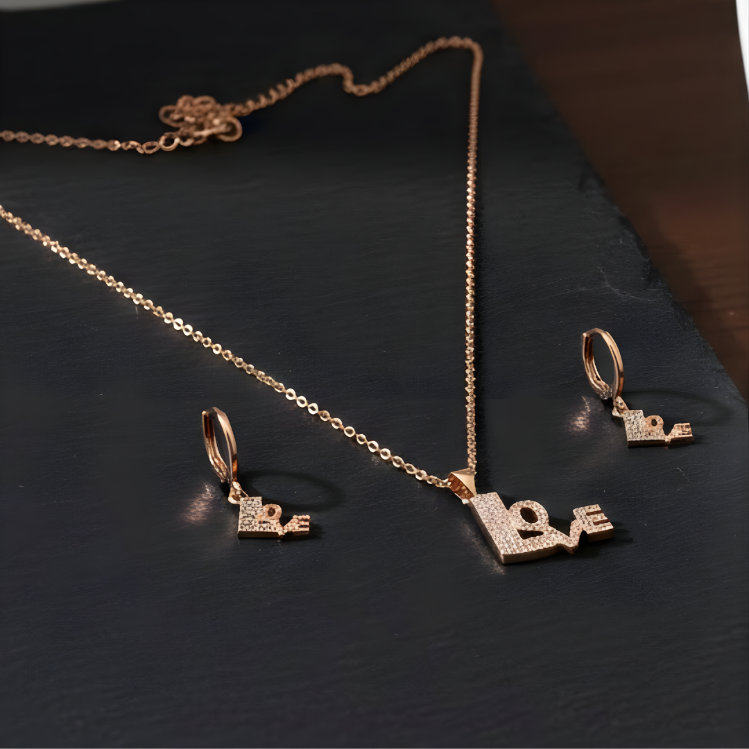 18K Rose Gold Filled LOVE Pendant Necklace With Earrings