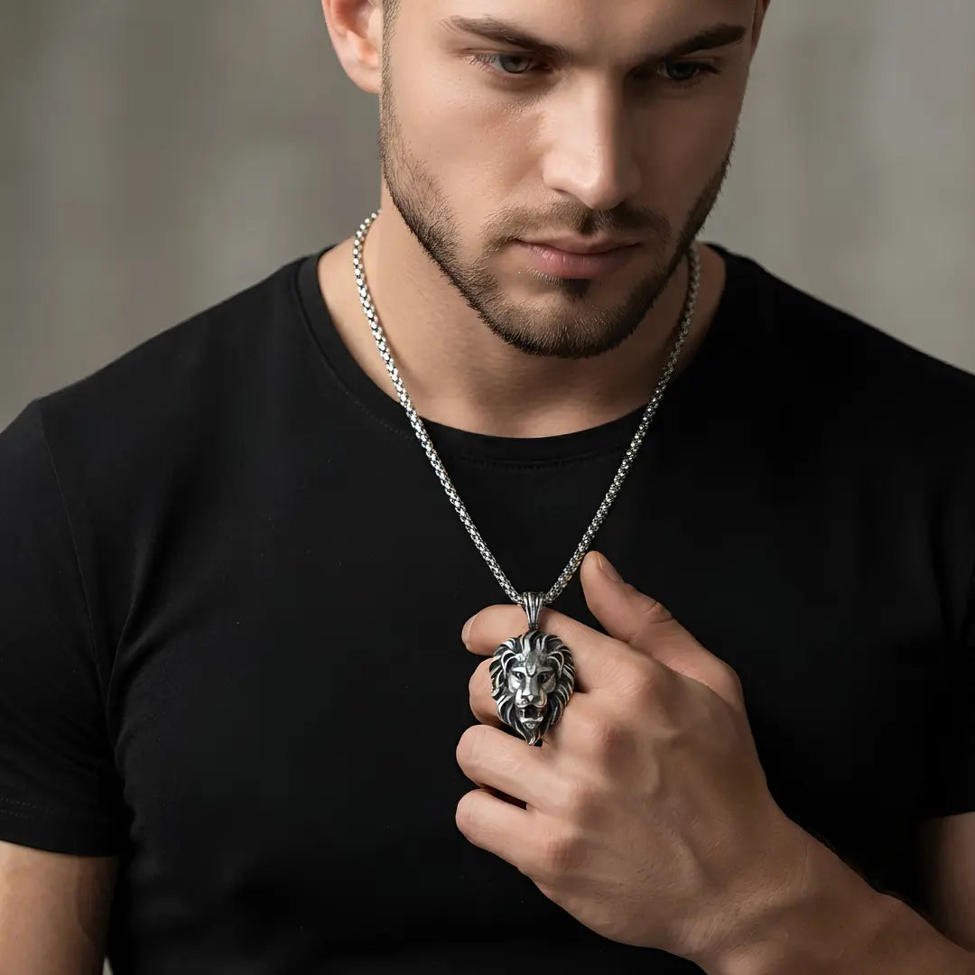 Lion Head Pendant Necklace – Stainless Steel Franco Chain (60cm) – Bold Strength & Leadership Statement Jewelry