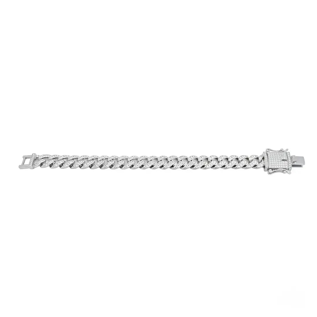 Silver Iced-Out Cuban Link Bracelet (18cm / 10mm) – Pavé Crystal Statement Wristband with Double Safety Clasp