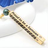 14K Gold Filled "Proud To Be A Samoan" Vertical Bar Pendant Necklace – Dark Pearl Accent & CZ Detail Chain Necklace for Women
