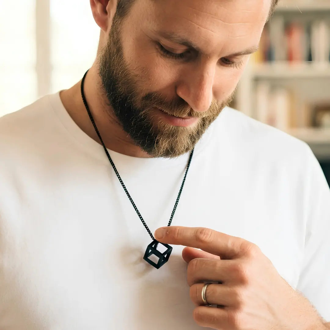Geometric Cube Pendant Necklace – 60cm 3mm Curb Chain in Silver & Black