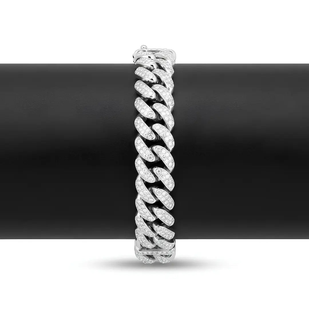 Silver Iced-Out Cuban Link Bracelet (21cm / 12mm) – Chunky Pavé Crystal Statement Wristband with Box Clasp