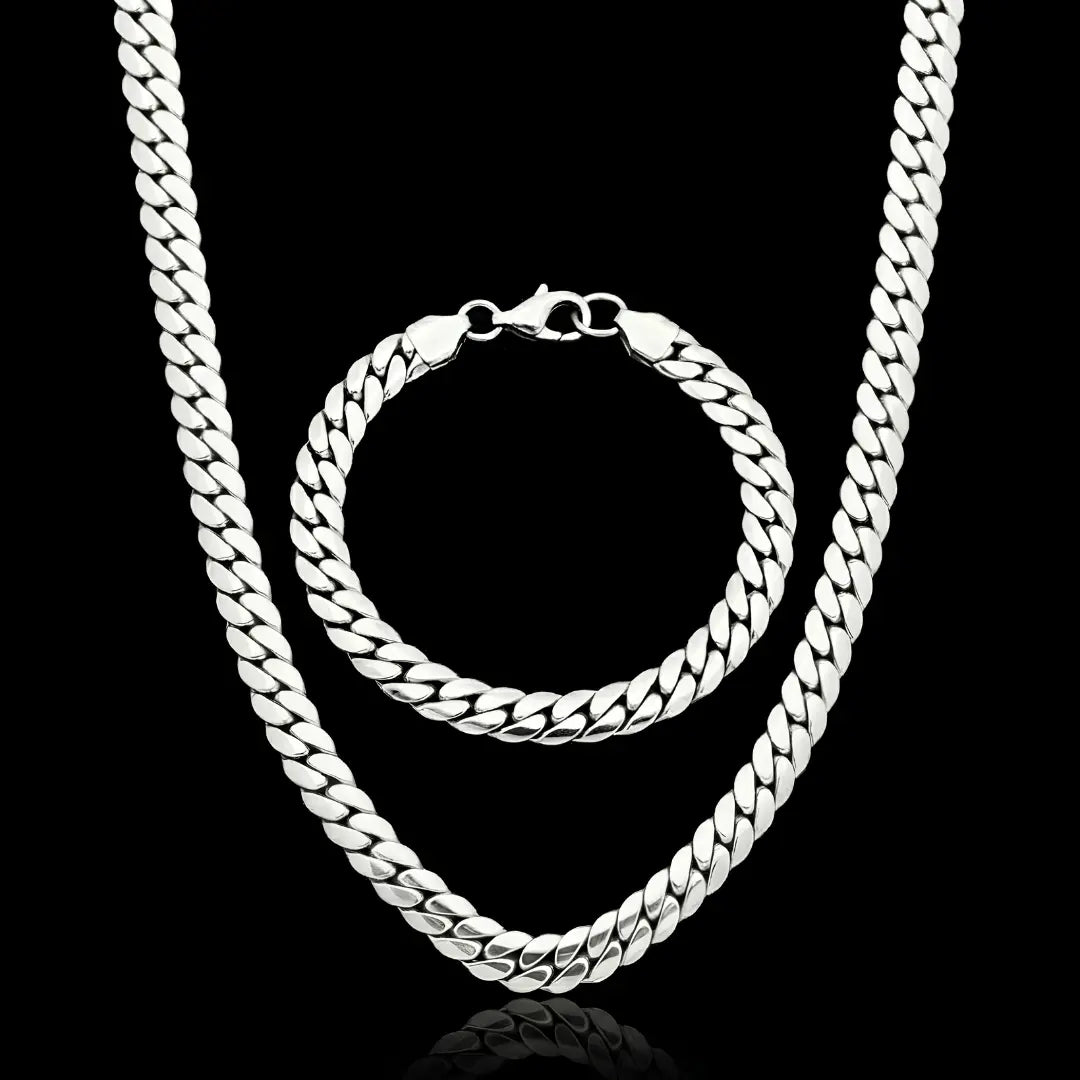 50Cm X 6Mm Stainless Steel Silver Cuban Link Chain & Bracelet Set