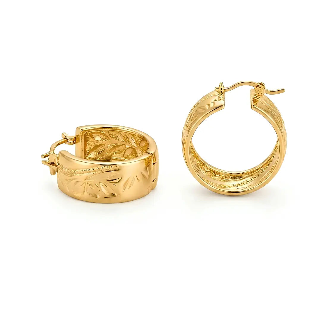 18K Gold Filled Polynesian Engraved Hoop Earrings – Pasifika Island Motif Statement Hoops