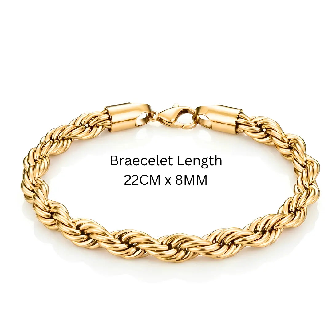 18K Gold Filled Rope Chain Bracelet - 22cm Bold Twisted Link Classic Wristband