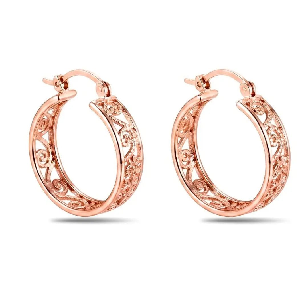 18K Rose Gold Filled Filigree Scroll Hoop Earrings – 20mm Etched Swirl Statement Hoops