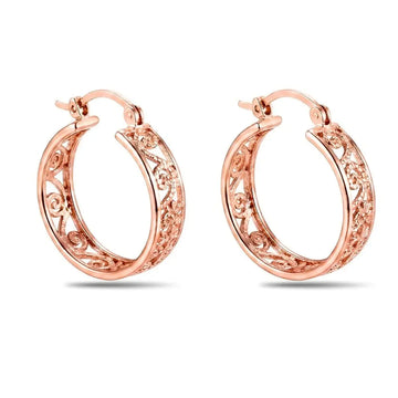 18K Rose Gold Filled Filigree Scroll Hoop Earrings – 20mm Etched Swirl Statement Hoops