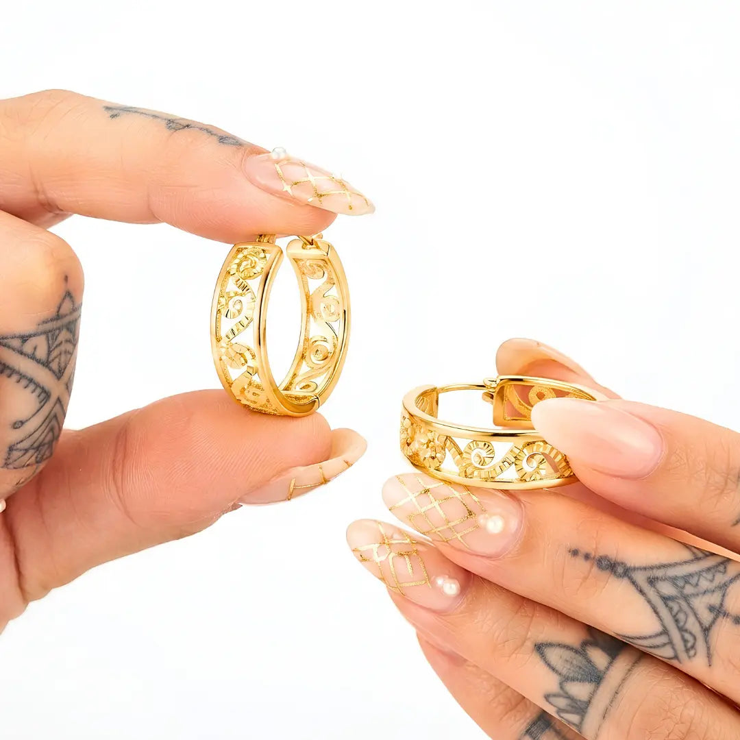 14K Yellow Gold Filled Filigree Scroll Hoop Earrings – 20mm Etched Swirl Statement Hoops