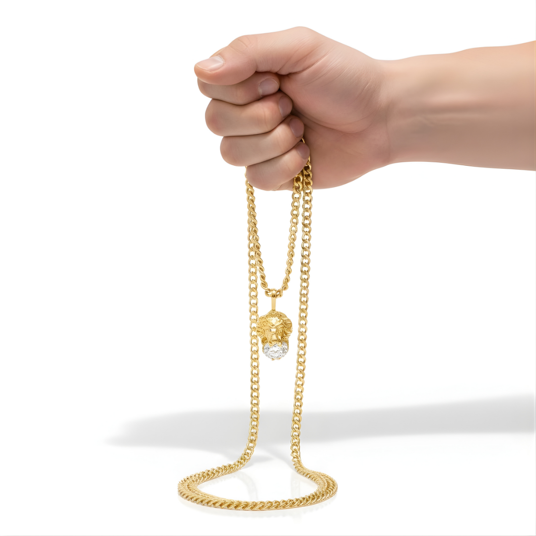 18K Gold Filled Lion Head Pendant Necklace with Solitaire Crystal – Unisex Curb Chain Fine Jewelry