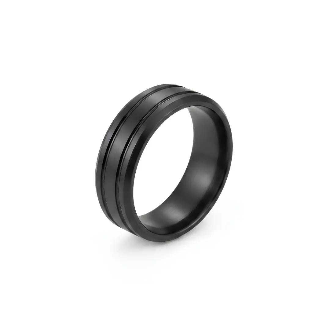 Tarnish-Proof Black Grooved Band Ring – Brushed Finish Step-Down Edge (US Sizes 9 & 10)