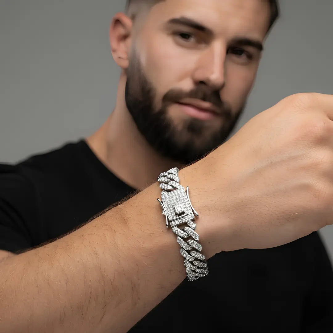 Silver Iced-Out Cuban Link Bracelet (23cm / 12mm) – Chunky Pavé Crystal Statement Wristband with Double Safety Clasp