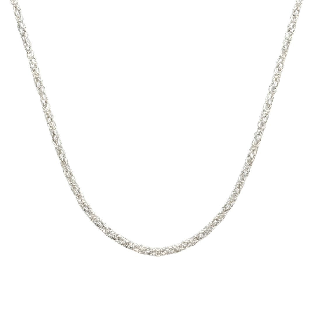 Silver Byzantine Rhodium Plated Chain Necklace (60cm) – Intricate Interlocking King's Link Chain for Men & Women