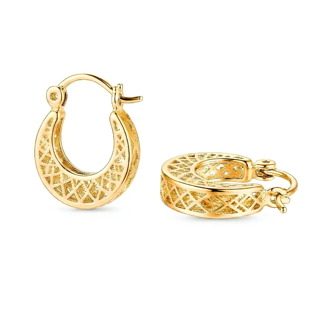 18K Gold Filled Filigree Lattice Hoop Earrings – 18mm Diamond Pattern Statement Hoops