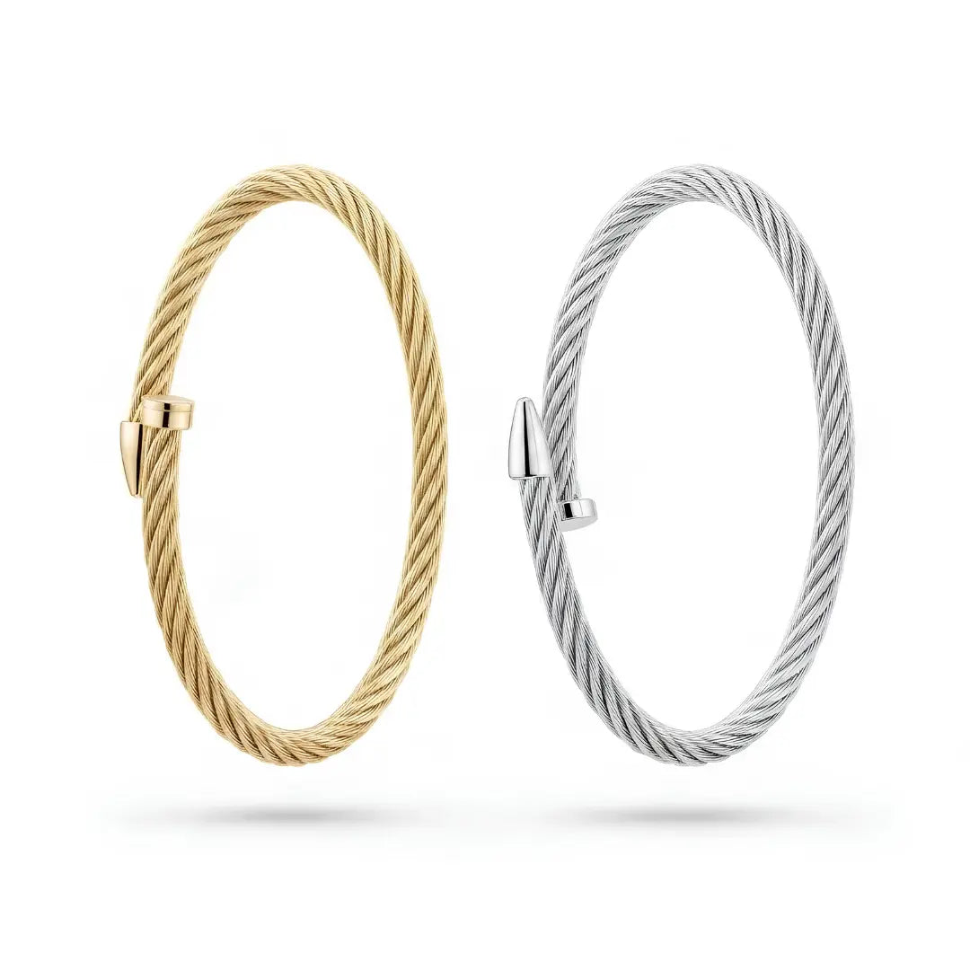 Cable Wire Cuff Bangle Bracelet with T-Bar & Conical Ends – Adjustable Tarnish-Resistant Modern Jewelry in Silver & Gold