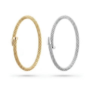 Cable Wire Cuff Bangle Bracelet with T-Bar & Conical Ends – Adjustable Tarnish-Resistant Modern Jewelry in Silver & Gold