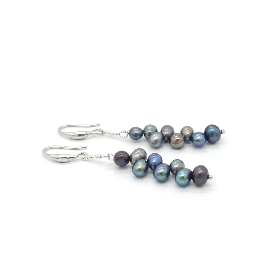 Dark Freshwater Pearl Cascade Drop Earrings – Peacock Iridescent Organic 50mm Dangle Earrings for Women