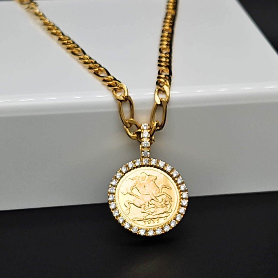 18K Gold Filled Full Sovereign Pendant Necklace 1913 with CZ