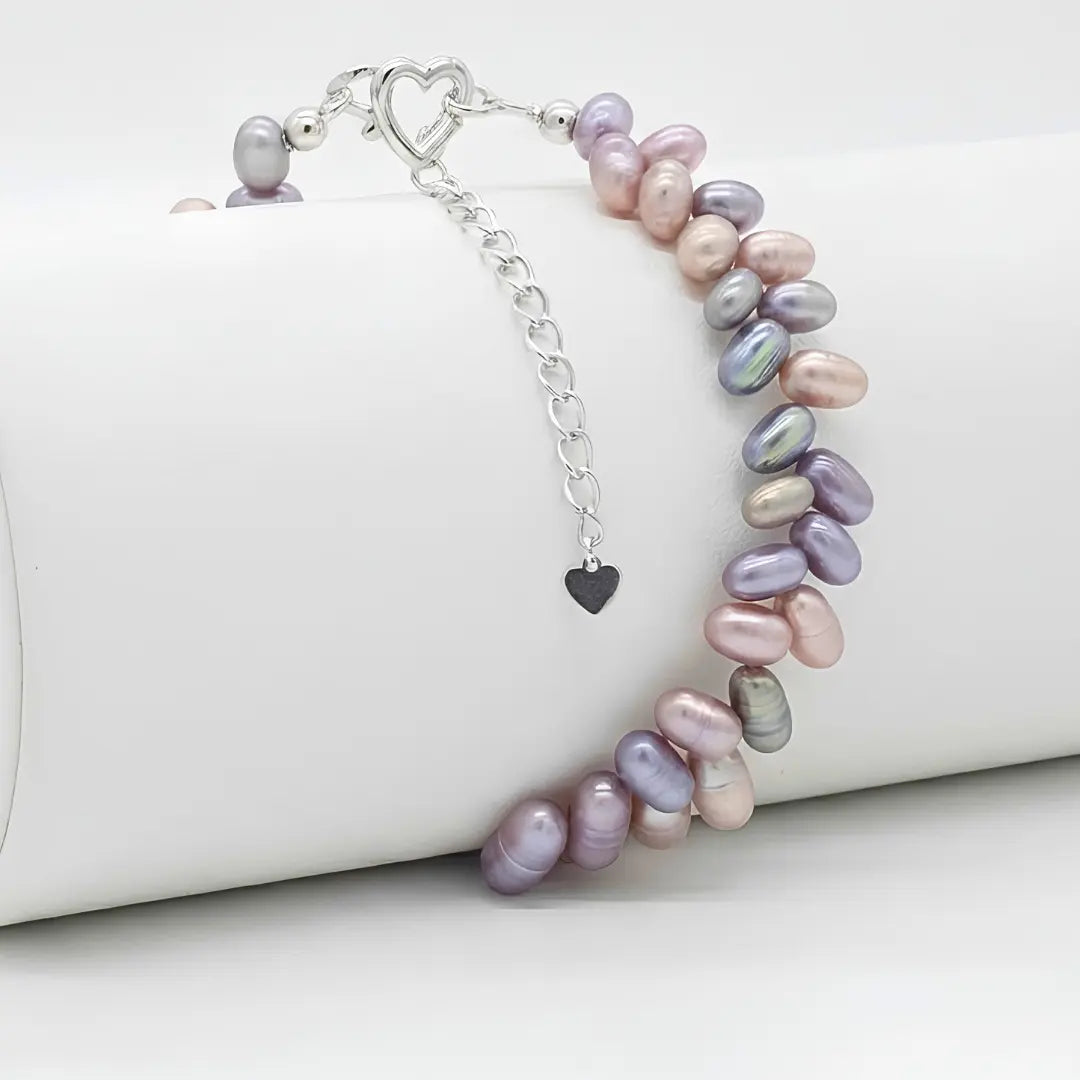 Silver Multi-Color Freshwater Pearl Link Bracelet – Rice Pearl Adjustable Heart Clasp Bracelet for Women