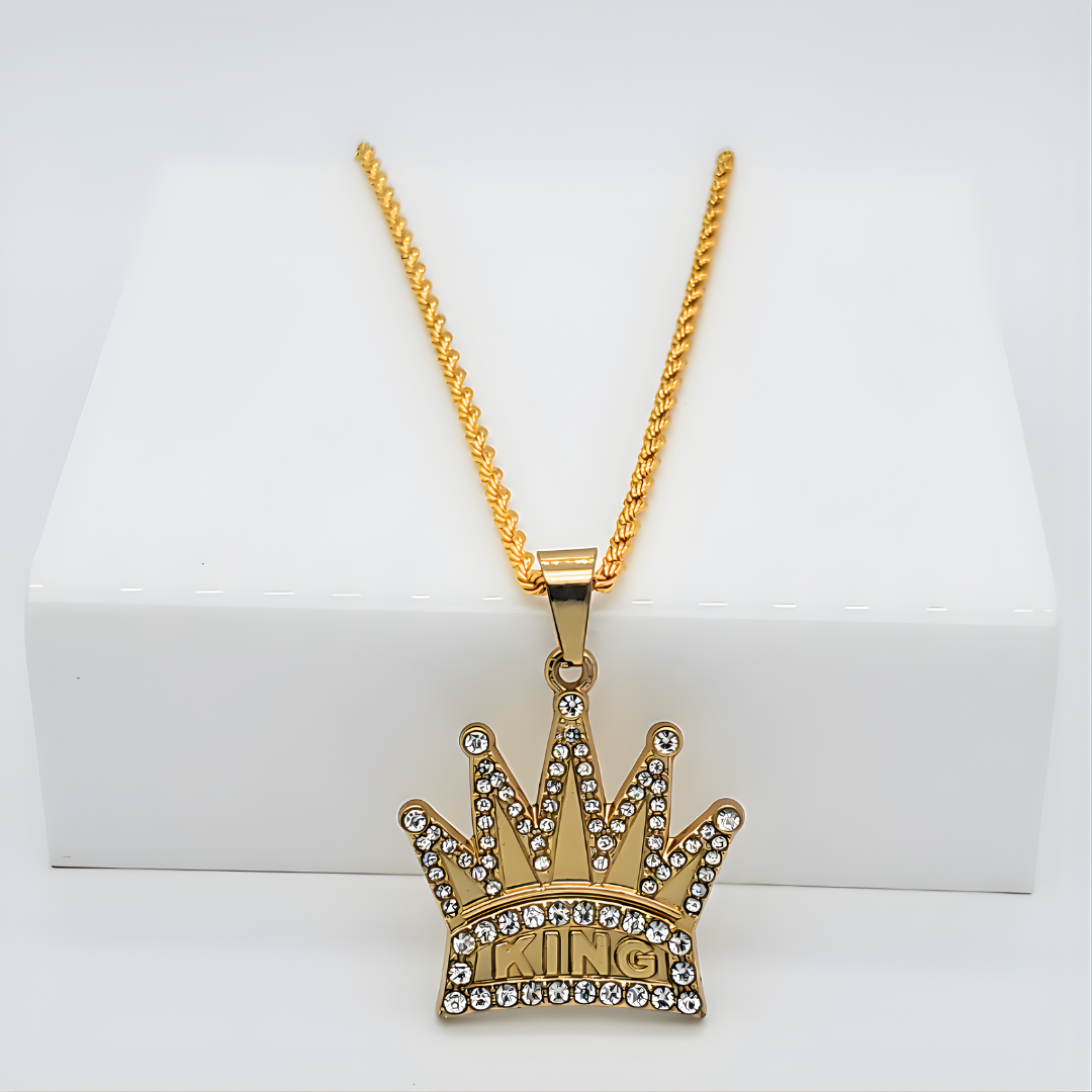18K Gold Filled Iced Out "KING" Crown Pendant Necklace – Pavé CZ Royal Crown Rope Chain Necklace for Men & Women