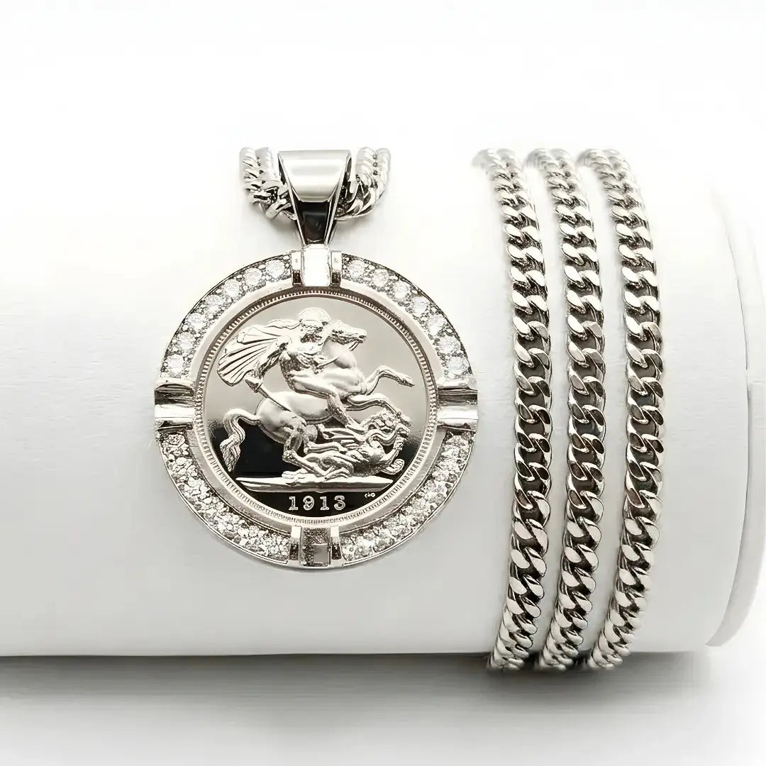 1913 Sovereign Pendant with Diamonds & Cuban Link Chain - Silver Rhodium Plated Tarnish-Proof