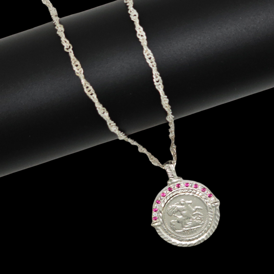 Silver Rhodium Plated Sovereign  Pendant With Ruby & CZ