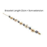 Gold Tone Dark Grey Pearl & Floral Link Bracelet – Nature-Inspired Openwork Flower Charm Bracelet (21cm + 5cm Extender) for Women
